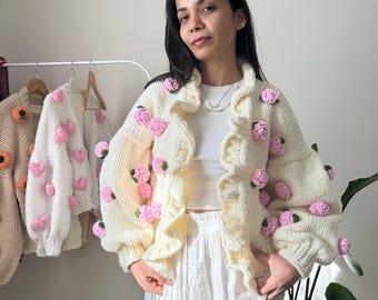 Summer Rose , Red Rose ,rose Embroidered Knit Cardigan , Woman