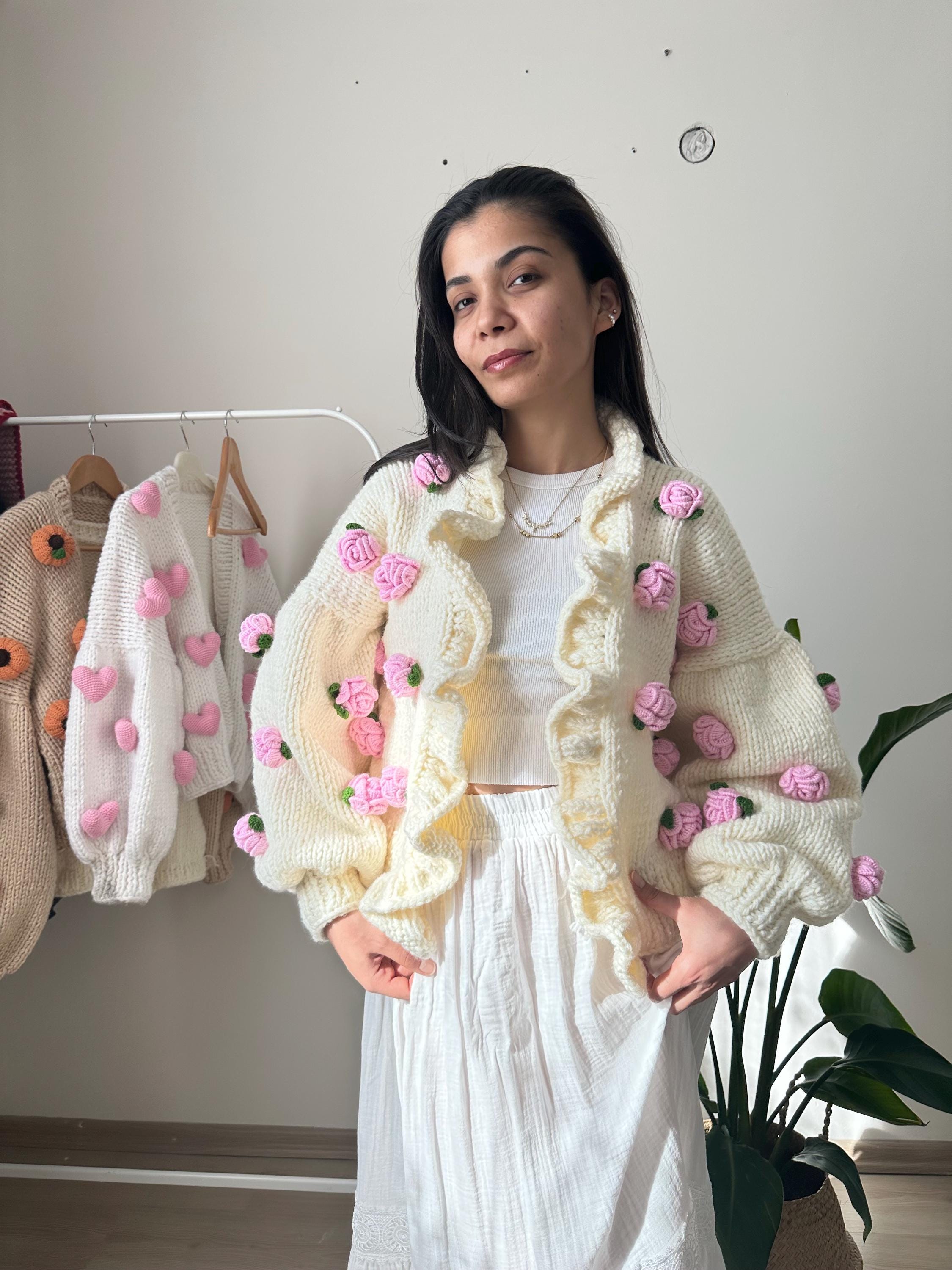 Tubilayka Pink Rose Cardigan | Handmade Floral Knit Sweater
