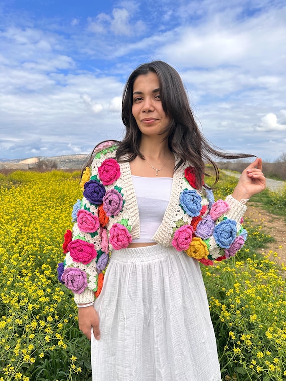 Floral Pattern Cardigan | Handmade Floral Pattern Knitted Sweater
