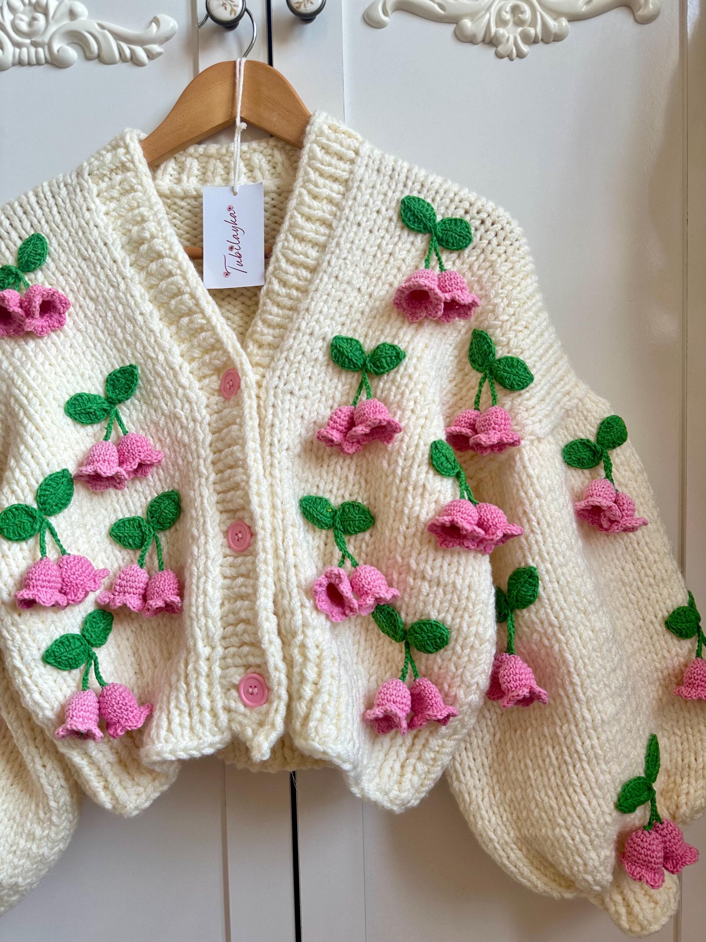 Pink Tulip Cardigan, Floral Cardigan, Thick Knit, Crochet
