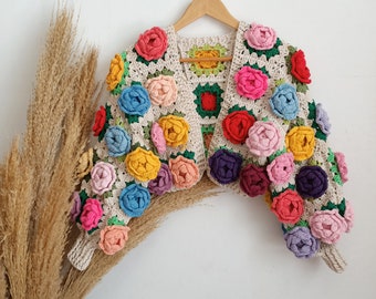 Modèle au crochet, veste roseraie au crochet, cardigan carré grand-mère, pull pour femme, cardigan harry styles