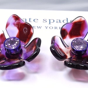 Vintage Kate Spade NY Flower Purple Lucite Rhinestone Pierced Earrings