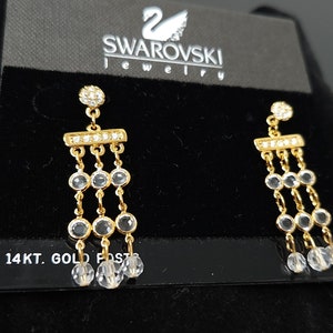 Vintage Swarovski White Bezel Crystal Gold tone Pierced Dangle Earrings