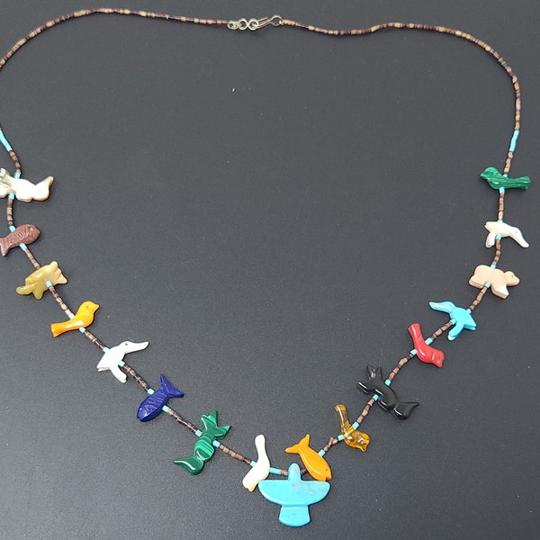 Vintage Native American Zuni Birds Animals Multi Gemstone Beaded Necklace 26"