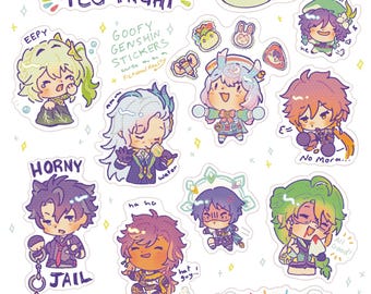 May include: A collection of colourful chibi-style stickers featuring various animated characters in playful poses. The sheet includes text such as TCG NIGHT, GOOFY GENSHIN STICKERS, EEPY, HORNY JAIL, No Mora, hat guy, water, All Good, and TA-DA, alongside small icons.