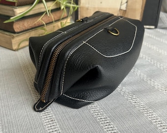 Vintage Leather Pop Up Style Dopp Kit | Amity Black Men’s Toiletries Bag| Shaving Kit