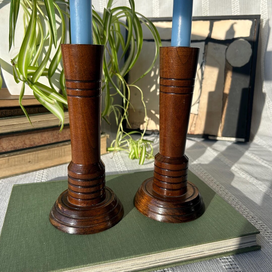 Wooden Candleholders, Set of 2 Vintage MCM Turned Wood Candlesticks - Etsy