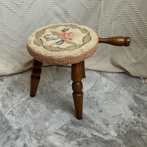 Milking Stool with Hooked Padded Top, Vintage Floral Topped 3-Legged Rustic Stool w/ Handle, Rose Flower Pattern Primitive Plant Stand
