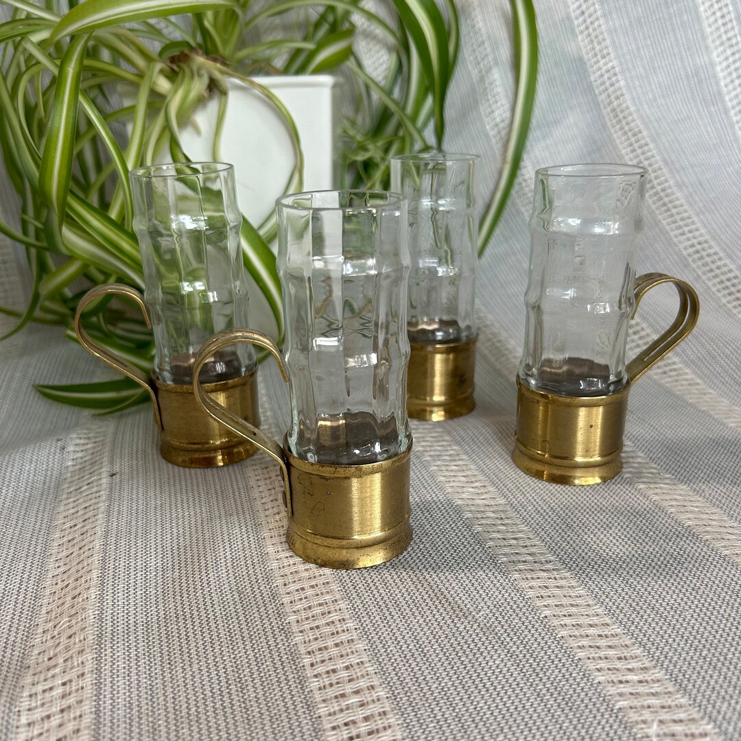 Brass Handled Tall Glass Cups, Set of 4 Beucler Vintage Brass European ...