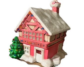Ceramic Pink Christmas House, Vintage Lighted Chalet Cabin with Pegs, Scandinavian Style House with Santa in Chimney
