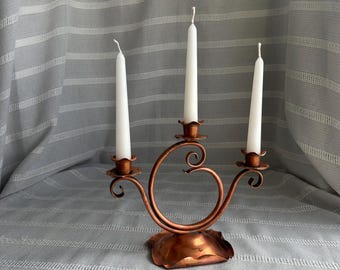 Copper candelabra, Vintage Gregorian Copper twisted triple candle holder, 3 branch candlestick