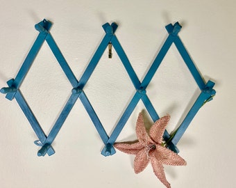 Vintage Turquoise Peg Accordion Rack | Teal Scissor Mug Tree | Expandable Hat Hook Rack