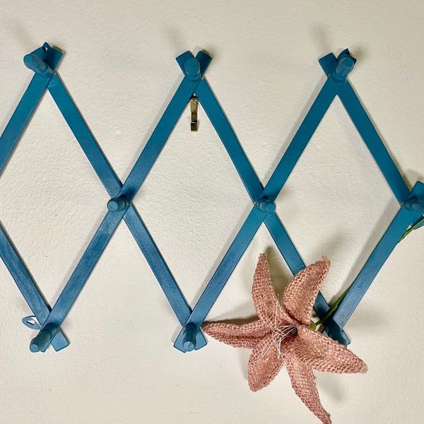 Vintage Turquoise Peg Accordion Rack | Teal Scissor Mug Tree | Expandable Hat Hook Rack