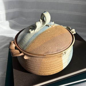 May include: A brown and blue ceramic casserole dish with a lid. The lid has a unique, sculpted handle.
