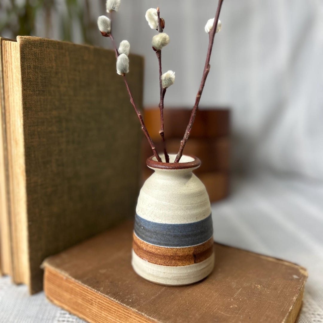 Bud Vase, Small Signed Studio Pottery Blue and Brown Striped Weed Pot ...