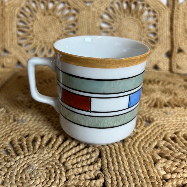 1920/1930s Czechoslovakia Lusterware Cup with Color Block Art Deco Type Pattern | Blue, Dark Red, Green, Iridescent Orange, Ceramic Mug