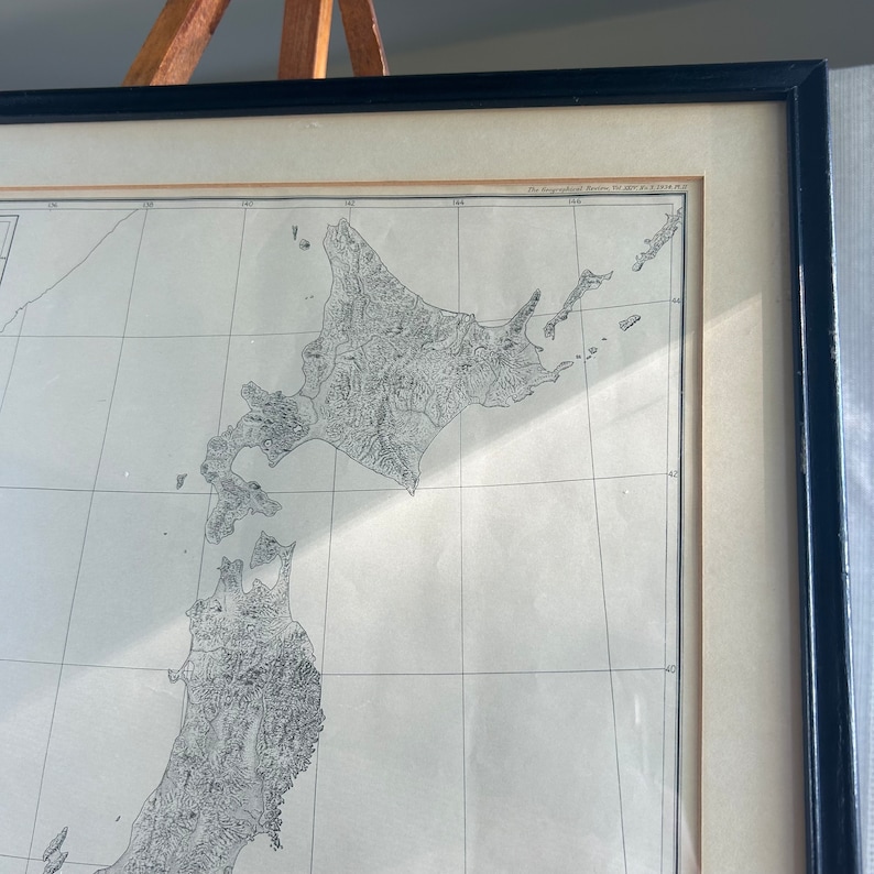1934 Framed Map of Japan, physiographic Diagram of Japan Lithograph by