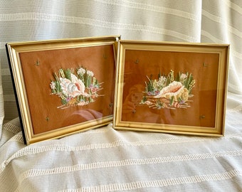 Coastal Seashell Crewell Set of 2, Vintage Gold Brass Colored Framed Beach Needlepoint Art Embroidery, Peach Turquoise Summer Decor