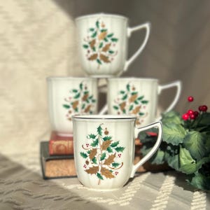 Noritake Christmas Mugs, Set of 4 Imperial Platinum Rimmed Ivory China 7366, Coffee Hot Cocoa Chocolate Cups, Made in Philippines