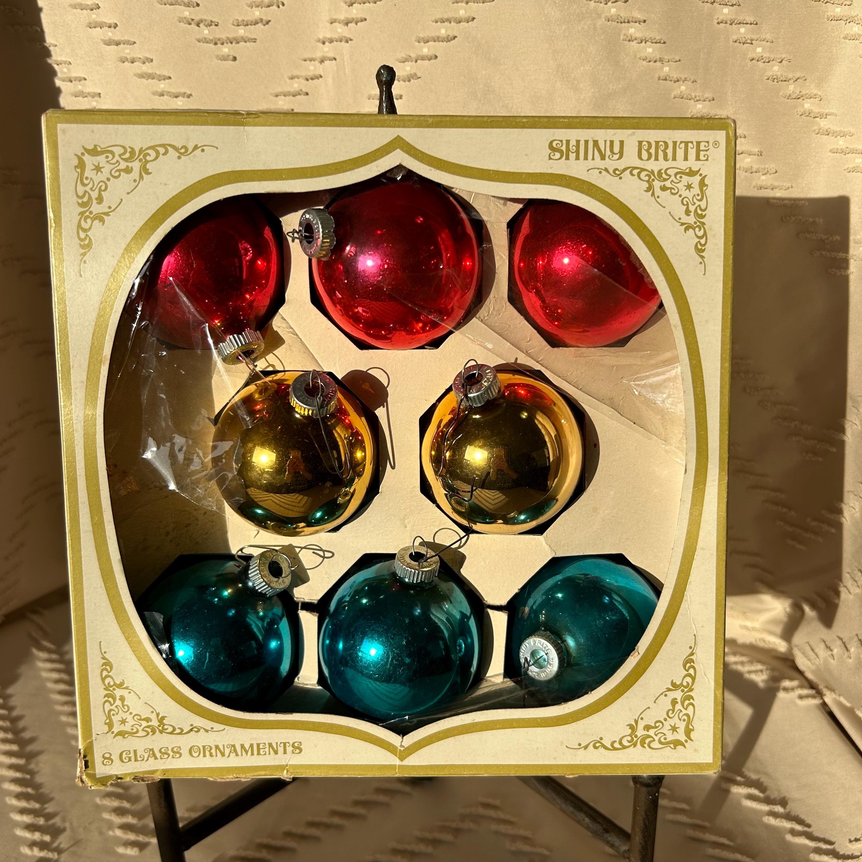 Shiny Brite Ornaments, Vintage Glass Balls, Christmas Decor Set Of 8, Red, Blue, Gold, American Made