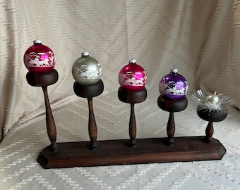 Shiny Brite Ornaments, Individual Stenciled  Vintage Glass Balls, Christmas Decor, Pink, Silver, Purple, Stagecoach in Pine and Snow