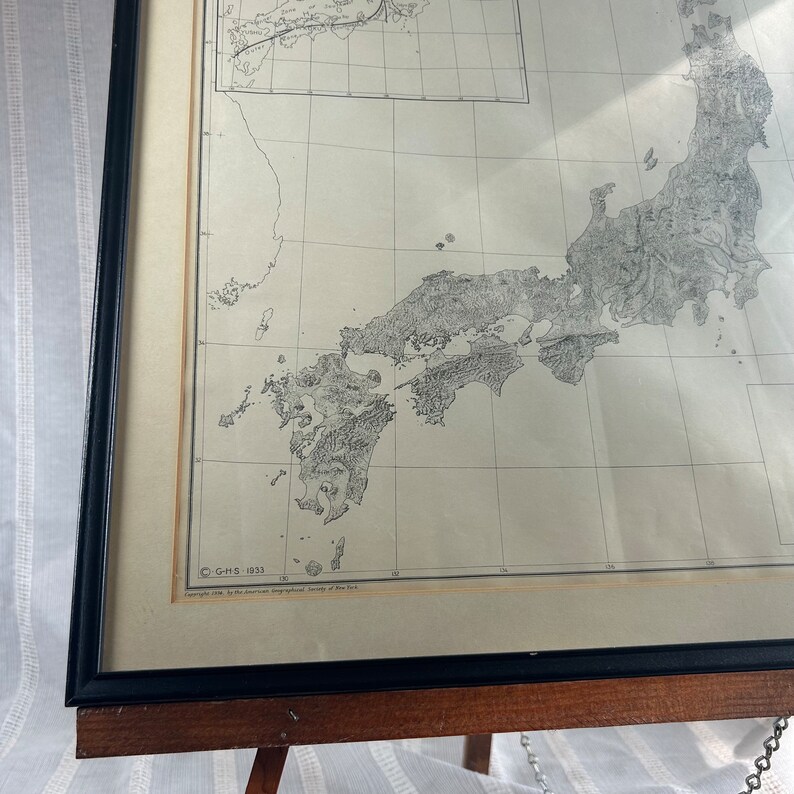 1934 Framed Map of Japan, physiographic Diagram of Japan Lithograph by