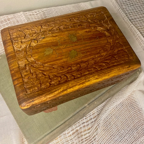 Vintage Hand Carved Rosewood and Bronze Inlay Treasure Box | Wooden Jewelry Box with Velvet-like Liner Labeled Menrium