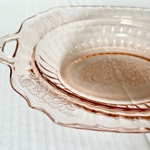 1930s Hocking Mayfair Open Rose Pink Depression Glass Large Open Handled Vegetable Bowl | Floral Serving Dish