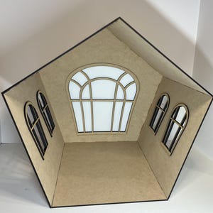 1:6 Dollhouse Room Box Kit – Wonky Arch Window Miniature Room with Angled Walls – DIY Fairy Cottage or Witch House – MDF Craft Kit
