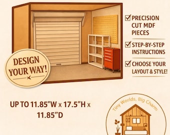 May include: A 1:12 scale custom dollhouse garage roombox kit. The kit includes precision cut MDF pieces, step-by-step instructions, and allows you to choose your layout and style. The garage measures up to 11.85"W x 17.5"H x 11.85"D. The kit is ready to build.