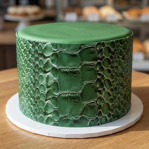 May include: A round cake with green icing and a textured, reptile-skin pattern on the sides. The top of the cake is a solid green colour. The cake sits on a white cake board, placed on a wooden surface.