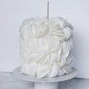 May include: A white cake with a distinctive petal design, presented on a white cake stand, with a single lit candle. The cake's surface is covered in layered, curved white petals, creating a textured appearance. The design is elegant and minimalist.