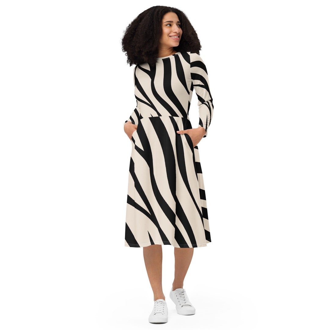 Zebra Print Midi Dress, Long Sleeve Dress, All-Over Print Dress, Animal Print Dress, Women's Fashion