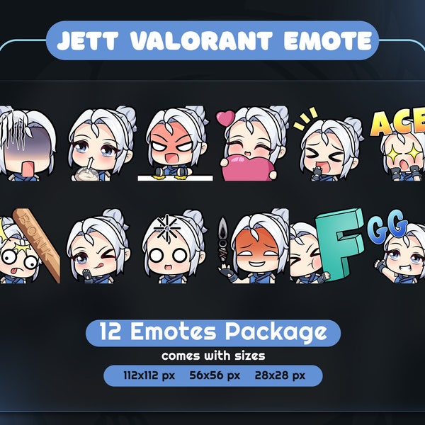 12 Jett Valorant Emote,Sticker,Badge,Gamer,Cute,Vtuber,Twitch Emote,,Discord Emote,Valoran Knife,Valorant Keycap,FPS Streamers,Valorant Gift