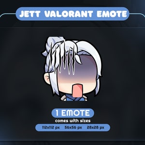 May include: Digital emote featuring Jett from Valorant with a distressed expression. The character has white hair and a blue outfit. The image includes the text "JETT VALORANT EMOTE" and size options: 112x112 px, 56x56 px, and 28x28 px.