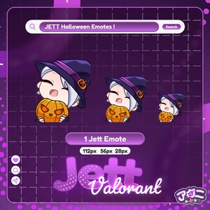 May include: A purple graphic featuring three Jett Halloween emotes holding jack-o'-lanterns. The emotes are wearing witch hats. The text "JETT Halloween Emotes!" is at the top. The text "Jett Valorant" is at the bottom.