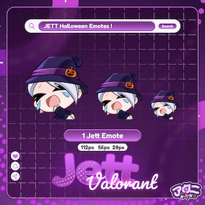 May include: A purple graphic featuring three Jett Halloween emotes, each with a witch hat and pumpkin. The text reads "JETT Halloween Emotes!" and "1 Jett Emote" with size specifications. The Valorant logo is also visible.