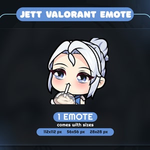 May include: Digital illustration of a Jett Valorant emote. The character has white hair and is drinking from a cup with a straw. The image includes the text "JETT VALORANT EMOTE" and "1 EMOTE comes with sizes".