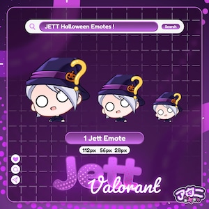 May include: A purple graphic featuring three Jett Halloween emotes wearing witch hats with pumpkin accents and question marks. The text "JETT Halloween Emotes!" appears at the top, with "Jett Valorant" at the bottom.