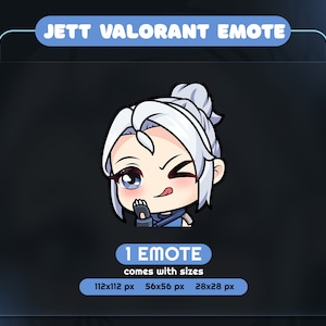 May include: A digital graphic of a character from the game Valorant, titled "Jett Valorant Emote." The character has white hair, is winking, and sticking out their tongue. The graphic comes in three sizes: 112x112 px, 56x56 px, and 28x28 px.