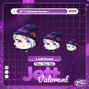 May include: A purple graphic featuring three Jett Halloween emotes wearing witch hats with pumpkin accents. The text "JETT Halloween Emotes!" appears at the top, with "1 Jett Emote" and "Jett Valorant" at the bottom.