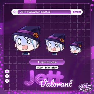 May include: A purple graphic featuring three Jett Halloween emotes. Each emote depicts a character with white hair, wearing a witch hat with a pumpkin. The text "JETT Halloween Emotes!" is at the top, with "Jett Valorant" at the bottom.