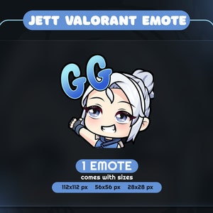 May include: A digital graphic featuring a cartoon character with white hair and blue clothing, with the text "GG" in a speech bubble. The text "JETT VALORANT EMOTE" is at the top, and "1 EMOTE" with size details are at the bottom.