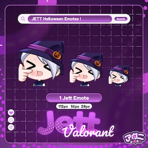 May include: A purple graphic featuring three Jett Halloween emotes wearing witch hats with pumpkin accents. The text "JETT Halloween Emotes!" appears in a search bar. The word "Jett" and "Valorant" are also displayed.