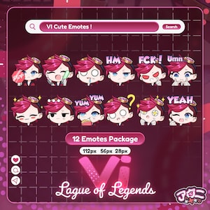 May include: A digital art package featuring 12 "Vi" emotes from League of Legends. Each emote showcases a different expression, with text bubbles and phrases like "STOP", "YUM", and "YEAH". The background is a dark pink grid.