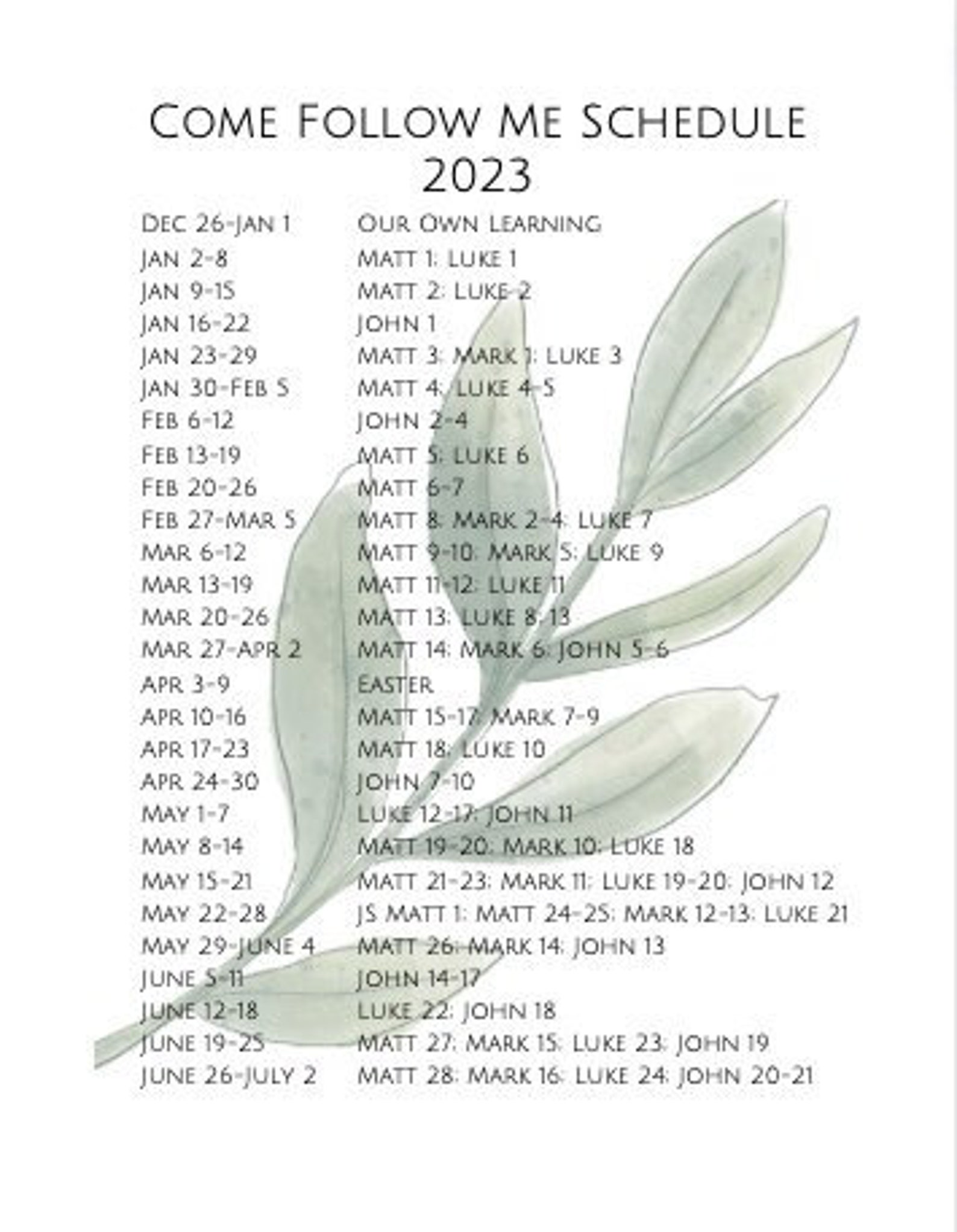 2023 Come Follow Me Lesson Schedule Etsy
