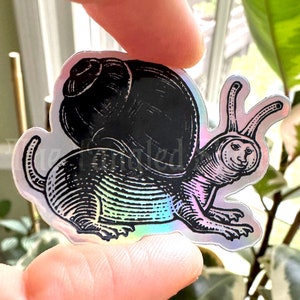 May include: A holographic sticker featuring a detailed, black and white illustration of a snail. The snail has a large shell and a long, slender body with a human-like face.