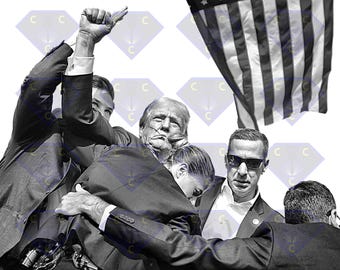 May include: Black and white image of a group of men, some in suits, with an American flag in the background. One man raises his arm, while others embrace. The image has a diamond pattern background.