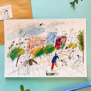 Impresión de dibujo urbano A4 / Ilustración de paisaje urbano / Ilustración en técnica mixta / Impresión de cuaderno de bocetos /