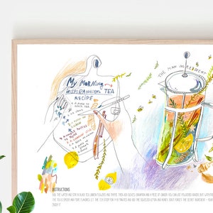 Mixed-Media-Rezept Illustration | Digitales Essen Illustration Poster | Original Kunst | Druckbare Kunst | Mein Tee-Inspirations-Rezept | Küchenkunst